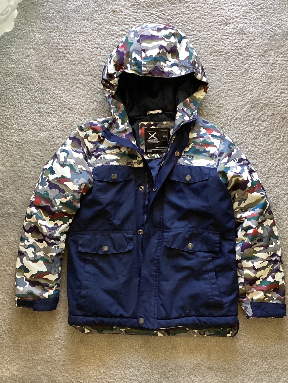 Kids Hooded Puffer Jacket with Navy Body and Multicolor Camo